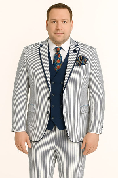 Men's White and Navy Pinstripe Suit with Contrast Trim – 3-Piece Seersucker Style Set for Weddings and Summer Events - Image 5