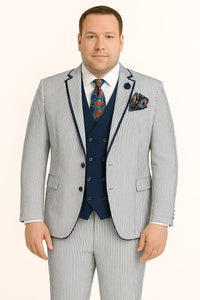 Men's White and Navy Pinstripe Suit with Contrast Trim – 3-Piece Seersucker Style Set for Weddings and Summer Events