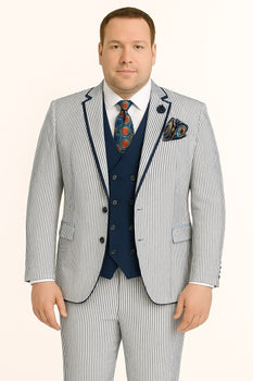 Men's White and Navy Pinstripe Suit with Contrast Trim – 3-Piece Seersucker Style Set for Weddings and Summer Events - Image 5