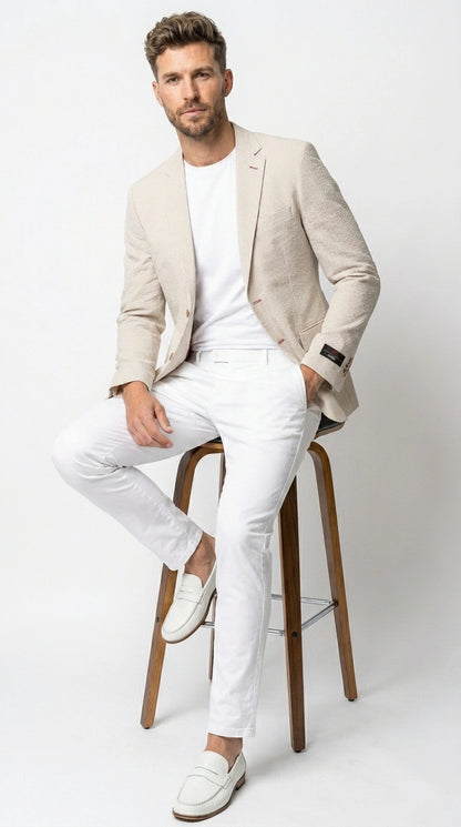 Men’s Beige Seersucker Summer Blazer, Lightweight Striped Sport Coat for Weddings, Parties, Beach Events in Tan Color