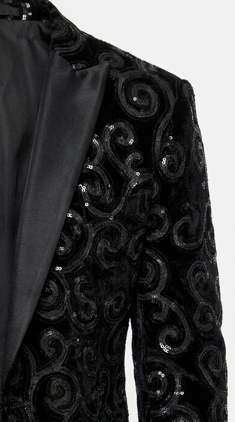 Men’s Black Velvet Sequin Swirl Dinner Jacket – Blazer Paisley Sparkly