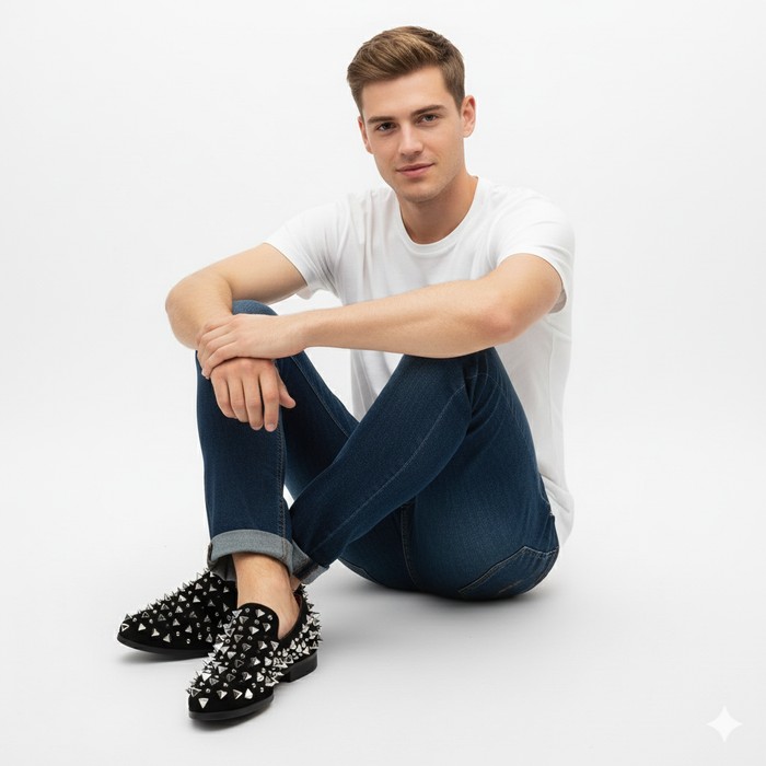 Men’s Black Studded Loafers with Silver Spikes – Luxury Slip-On Dress Shoes for Parties and Formal Events