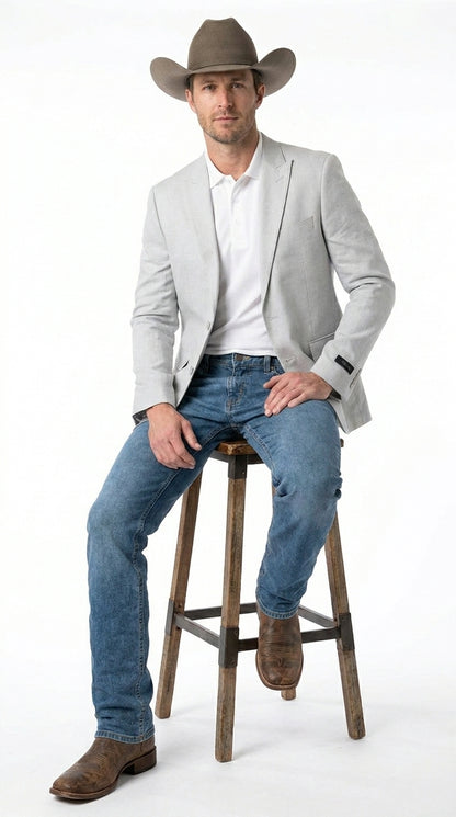 Men’s Very Light Grey - Linen Western Cowboy Blazer, Formal Sport Coat for Weddings, Parties, Country Events, and Casual Dress Wear in Ice Ash Color