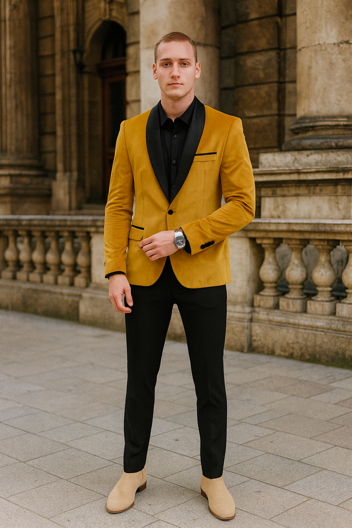 Men’s Mustard Gold Tuxedo Jacket – Slim Fit Dinner Blazer with Black Satin Shawl Lapel + Free Black Pants & Bowtie