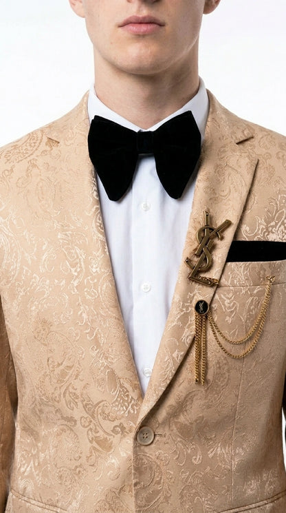 Men’s Champagne Gold Paisley Prom Tuxedo, Formal Dinner Suit for Prom, Weddings, Parties in Tan Color