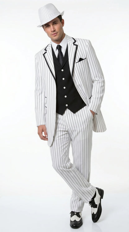 Men’s White Pinstripe 1920s Gangster 3 Piece Suit, Black Contrast Formal Costume Suit for Parties, Prom, Weddings, and Theme Events Modern Fit