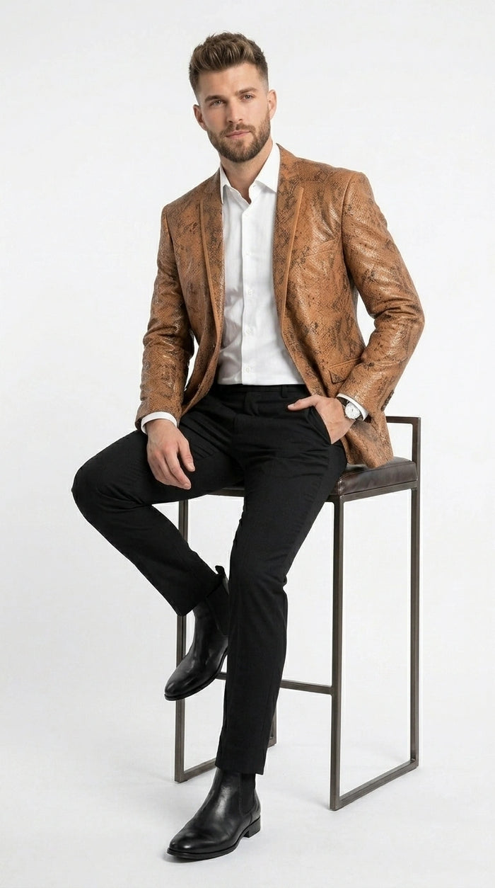 Men’s Tan Snakeskin Print Blazer, Brown Sport Coat Camel Alligator Crocodile Animal Print leopard Jacket