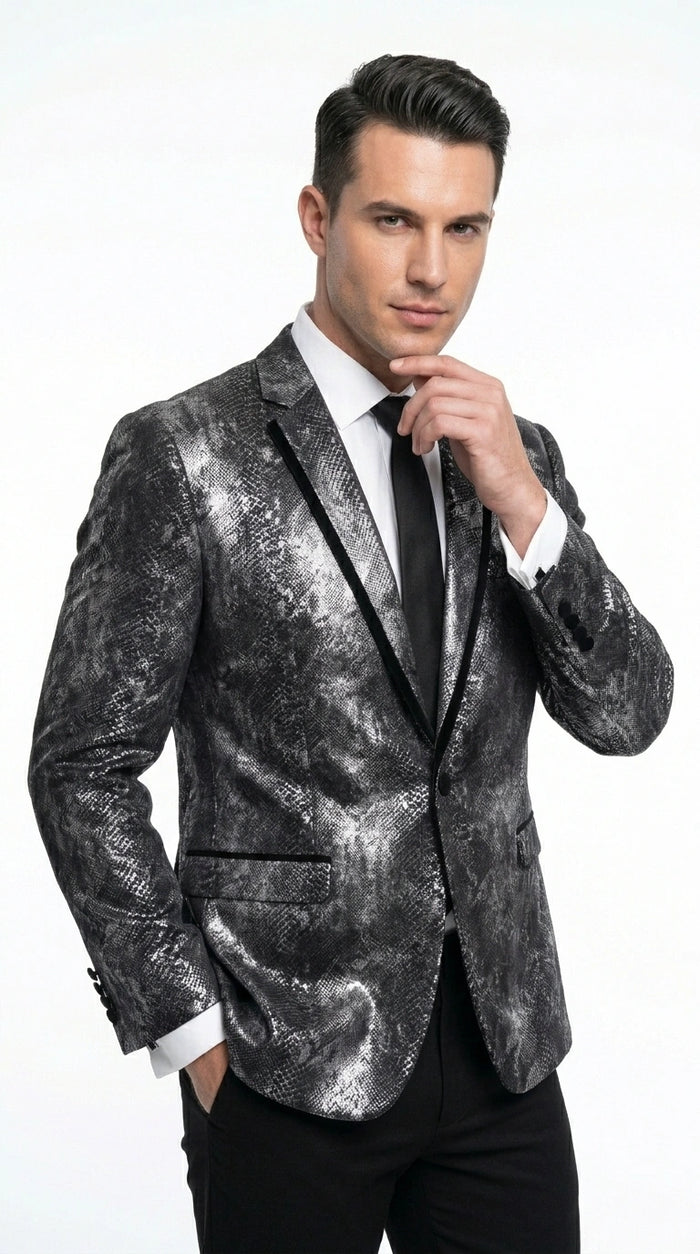 Men’s Black and Charcoal Gray Snakeskin Print Blazer, Animial Exotic Skin Alligator Crocodile Texture