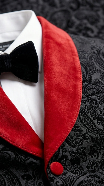 Men’s Black Paisley 2 Piece Suit with Red Shawl Lapel, Formal Wedding Prom Party Suit Set Modern Fit