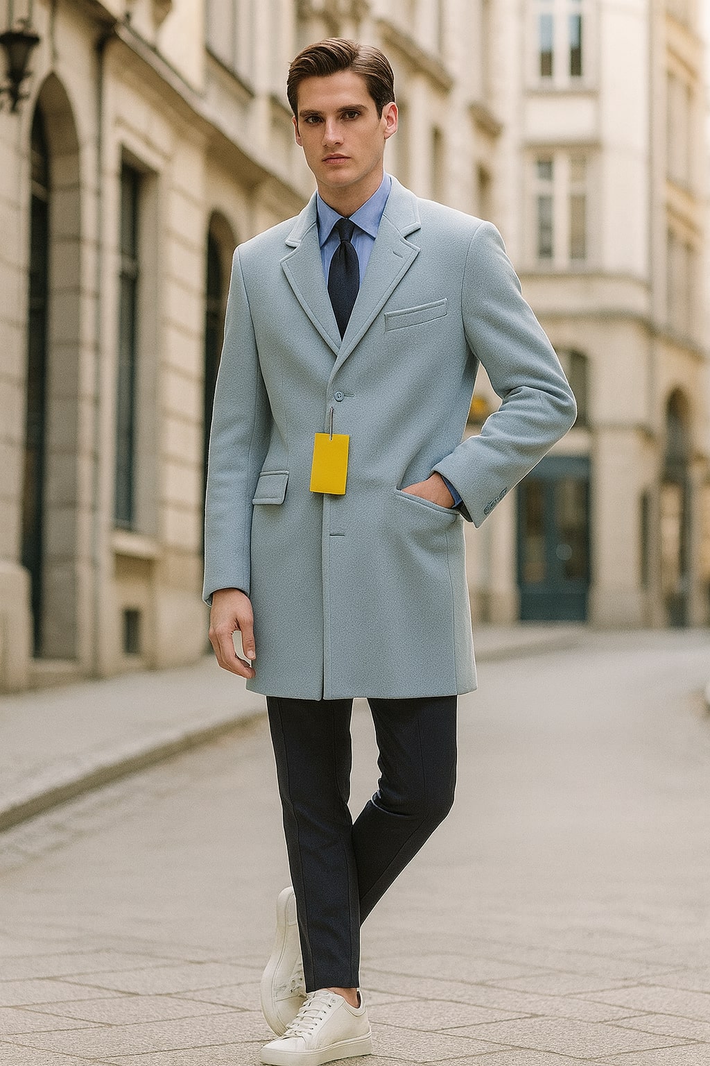 Mens Light Blue Wool Overcoat – Modern Long Coat with Classic Tailored Fit in Sky Blue - Image 4