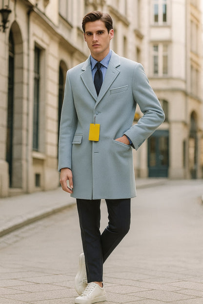 Mens Light Blue Wool Overcoat – Modern Long Coat with Classic Tailored Fit in Sky Blue - Image 4
