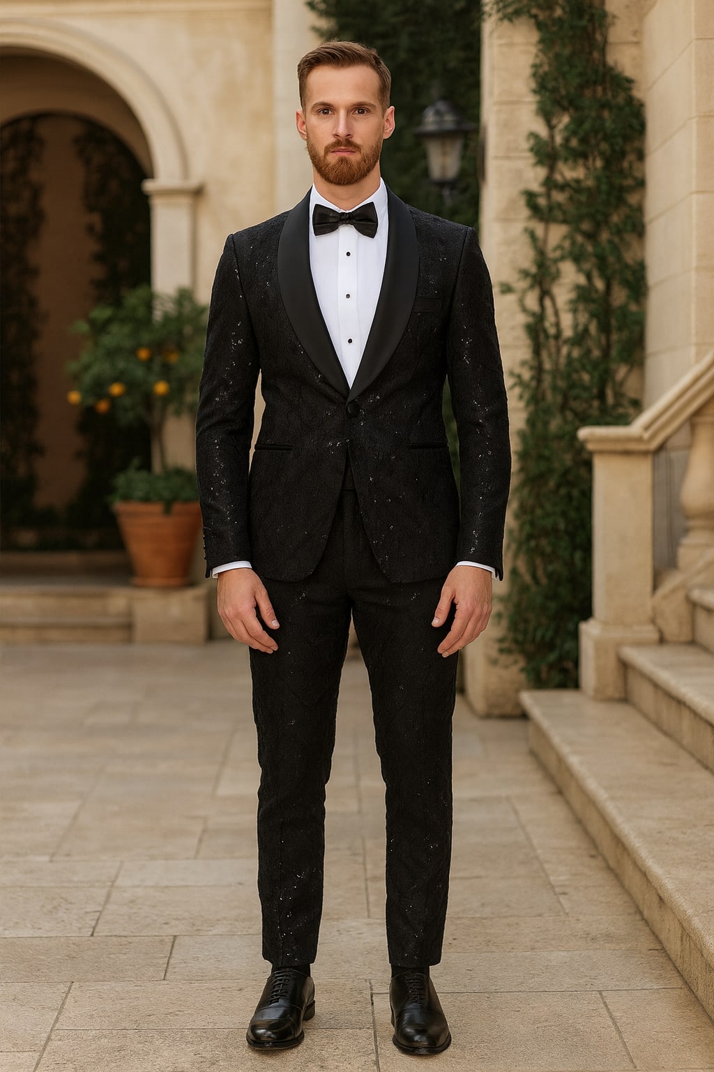 Black Sequin Tuxedo Suit with Satin Shawl Lapel – Mens Slim Fit Formal Prom and Wedding Attire - Image 4