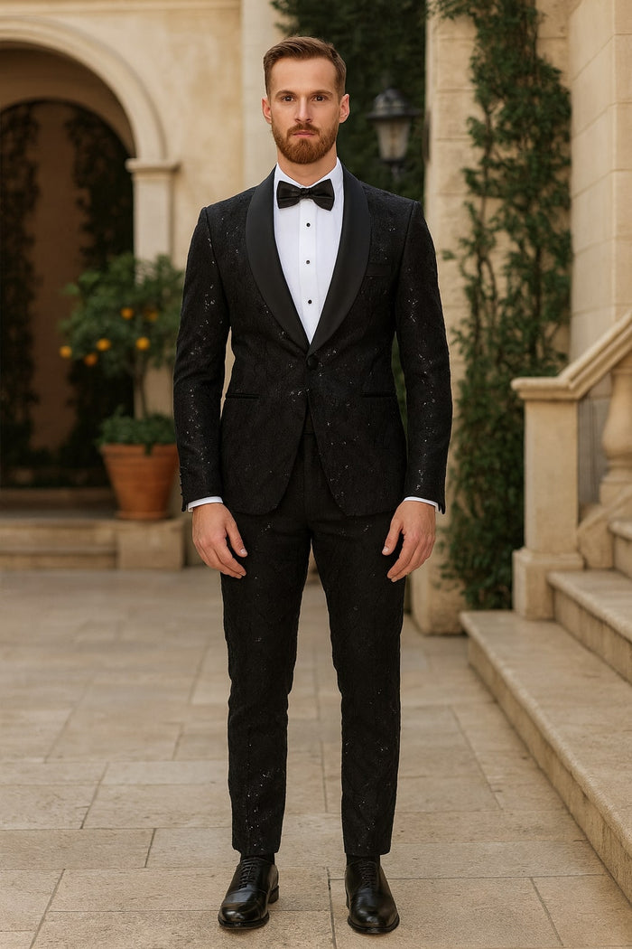 Black Sequin Tuxedo Suit with Satin Shawl Lapel – Mens Slim Fit Formal Prom and Wedding Attire - Image 4