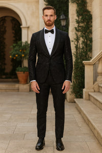 Black Sequin Tuxedo Suit with Satin Shawl Lapel – Mens Slim Fit Formal Prom and Wedding Attire