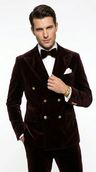 Men’s Dark Brown Velvet Blazer and Pants 2 Piece Suit, Double Breasted Formal Dinner Suit for Weddings, Prom