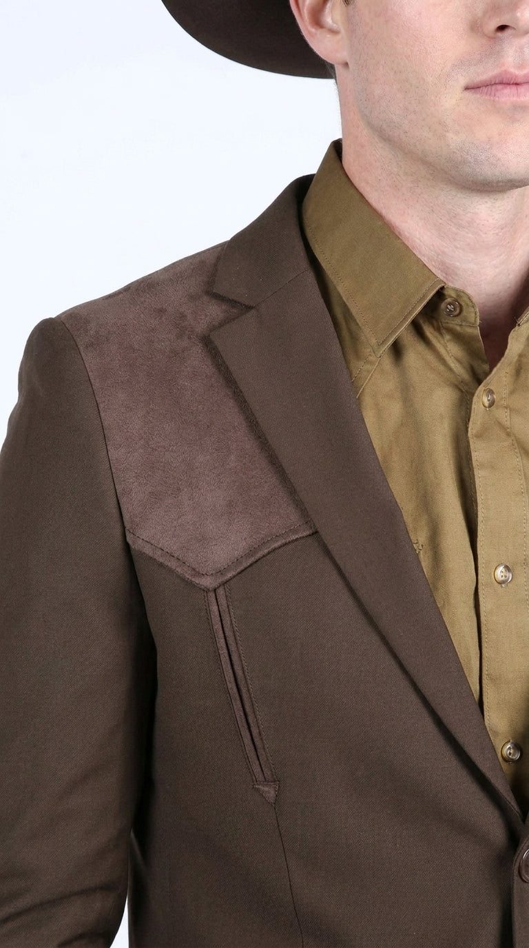 Men’s Dark Brown Western Blazer with Suede Yoke – Cowboy Sport Coat with Western Shoulder Details