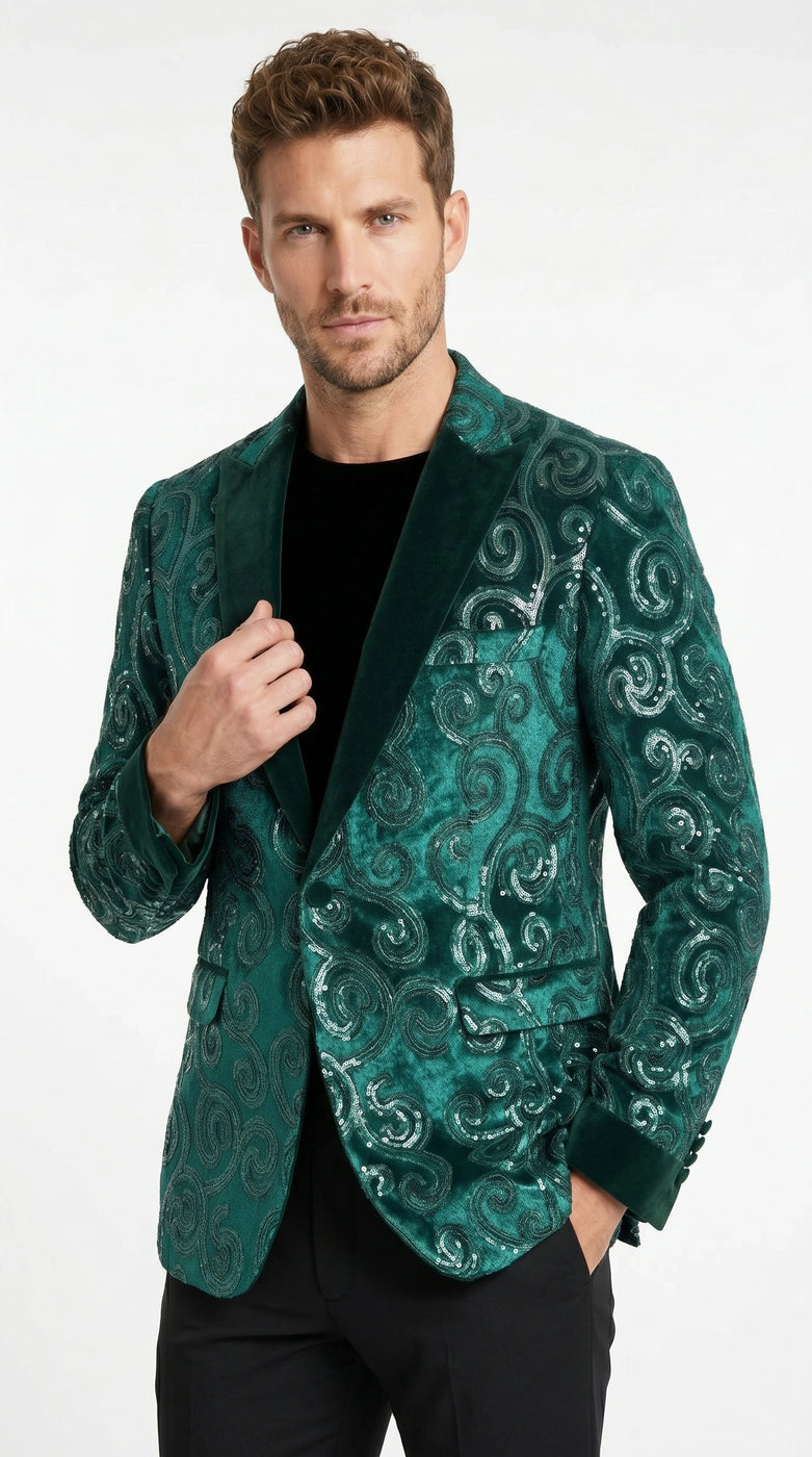 Men’s Emerald Green Paisley Tuxedo Dinner Jacket with Black Lapel, For ...