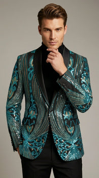 Men’s Black and Turquoise Blue With teal green Sequin Dinner Jacket, Formal Prom Wedding Paisley Floral Mardi Gra Pattern