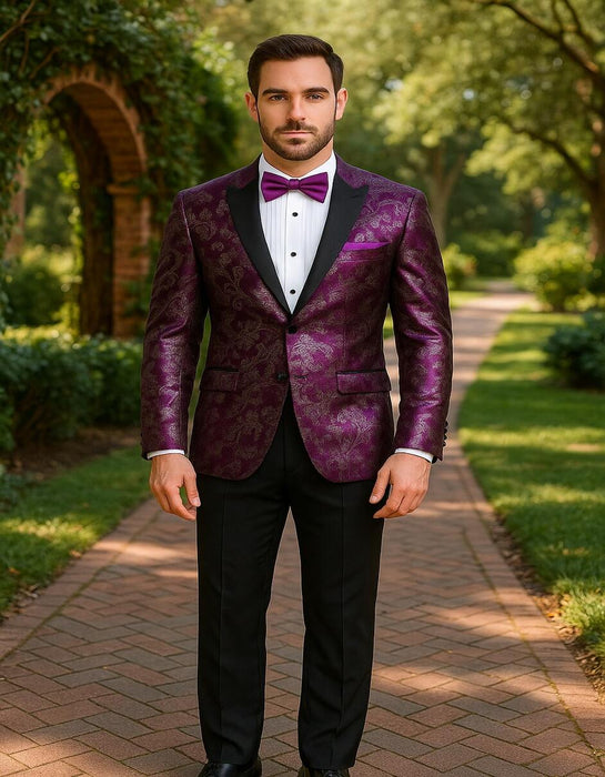 Men's Pinkish ~ Purple Paisley Tuxedo Jacket with Black Satin Lapel – Formal Prom and Wedding Blazer in Meganta Color