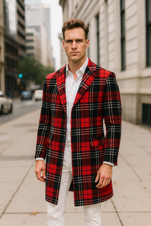 Men’s Red Plaid Wool Overcoat – Classic Tartan Check Long Coat for Stylish Winter Wear