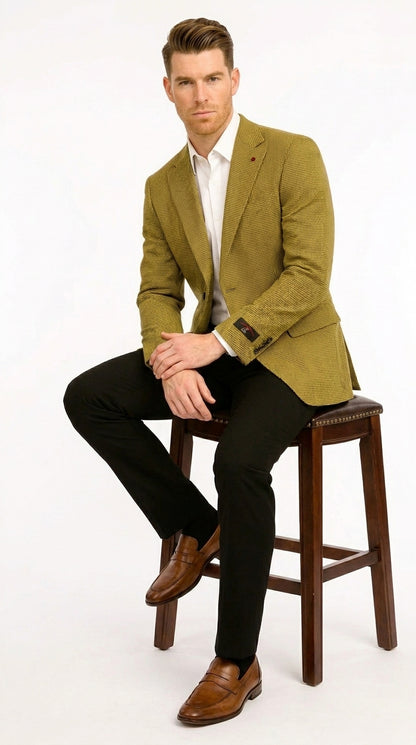 Men’s Mustard Gold Yellow Houndstooth Blazer Jacket, Check Pattern Formal Sport Coat for Weddings, Prom, Business 2 Buttons Modern Fit
