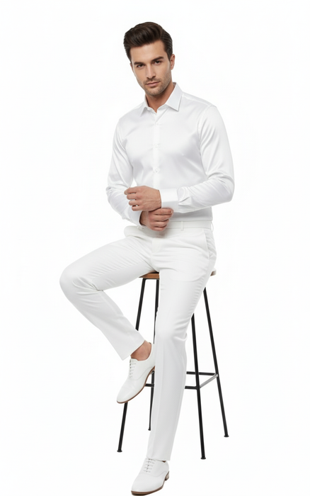 Men’s White Satin Dress Shirt – Classic Long Sleeve Formal Shirt for Weddings, Parties, and Business Wear