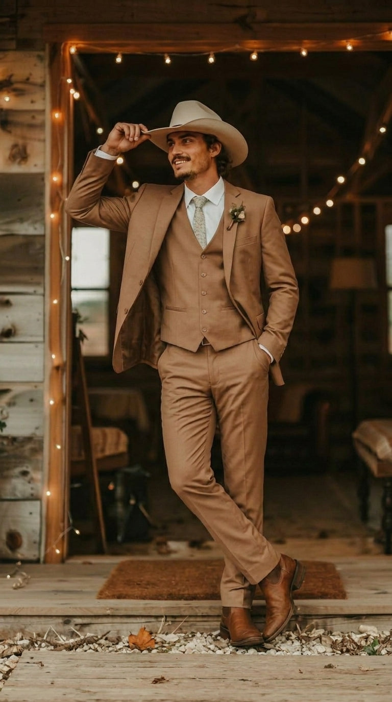 Mens Camel Brown Copper Western 3 Piece Suit – Classic Country Style Blazer Vest Pants Set, Formal Cowboy Suit Outfit