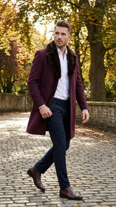 Men’s Burgundy Three Quarter Coat with Faux Fur Collar Overcoat – Luxury Winter Outerwear Three Quarter Carcoat Topcoat