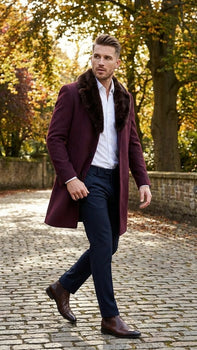 Men’s Burgundy Three Quarter Coat with Faux Fur Collar Overcoat – Luxury Winter Outerwear Three Quarter Carcoat Topcoat
