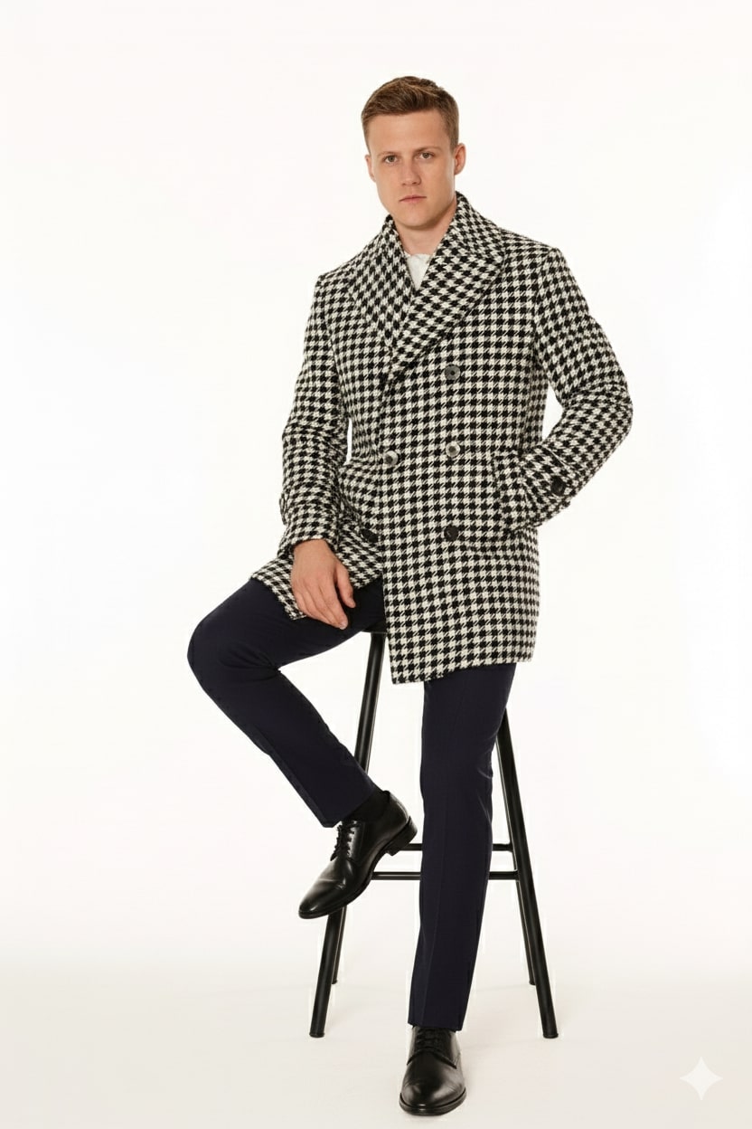 Mens Houndstooth Double-Breasted Overcoats – Classic Black and White Wool Blend Peacoat Wool Fabric - Image 4