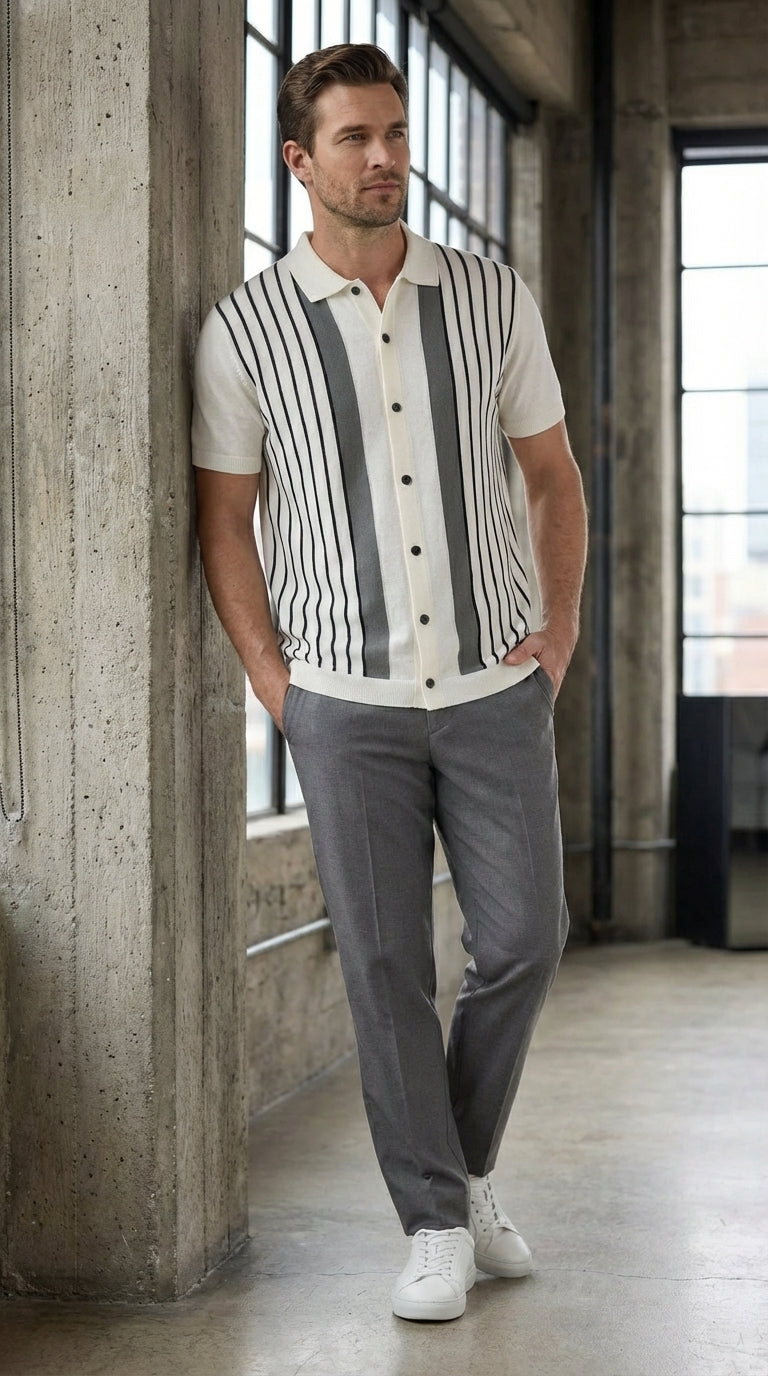 Mens White and Charcoal Gray Stripe Walking Suit Plus Matching Pants – Short Sleeve Button Shirt and Pants Casual Summer Outfit for Travel, Vacation and Everyday Wear