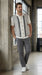 Mens White and Charcoal Gray Stripe Walking Suit Plus Matching Pants – Short Sleeve Button Shirt and Pants Casual Summer Outfit for Travel, Vacation and Everyday Wear