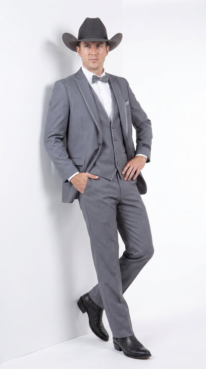 Men's Medium Grey Western 3-Piece Tuxedo Suit with Vest – Cowboy Style Formal Country Outfit
