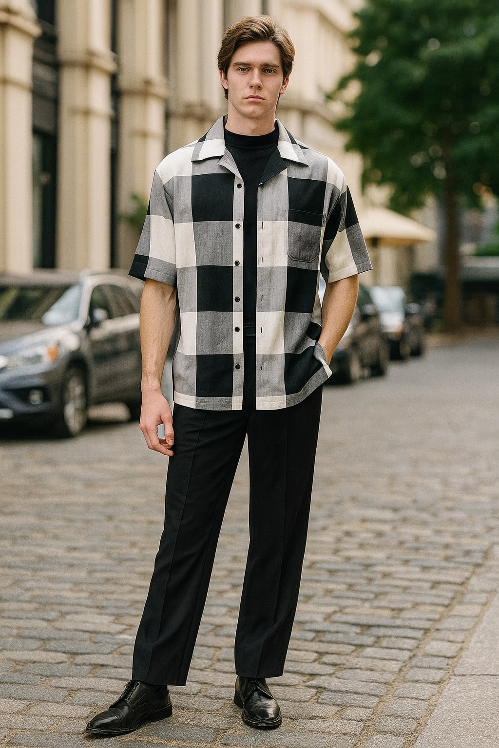 Mens Black and White Checkered Short Sleeve Shirt Set – Casual Two-Piece Summer Outfit - Image 5