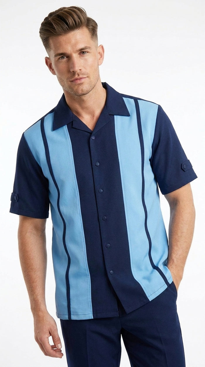 Men’s Navy and Sky Blue Walking Suit – 2-Piece Short Sleeve Casual Leisure Outfit