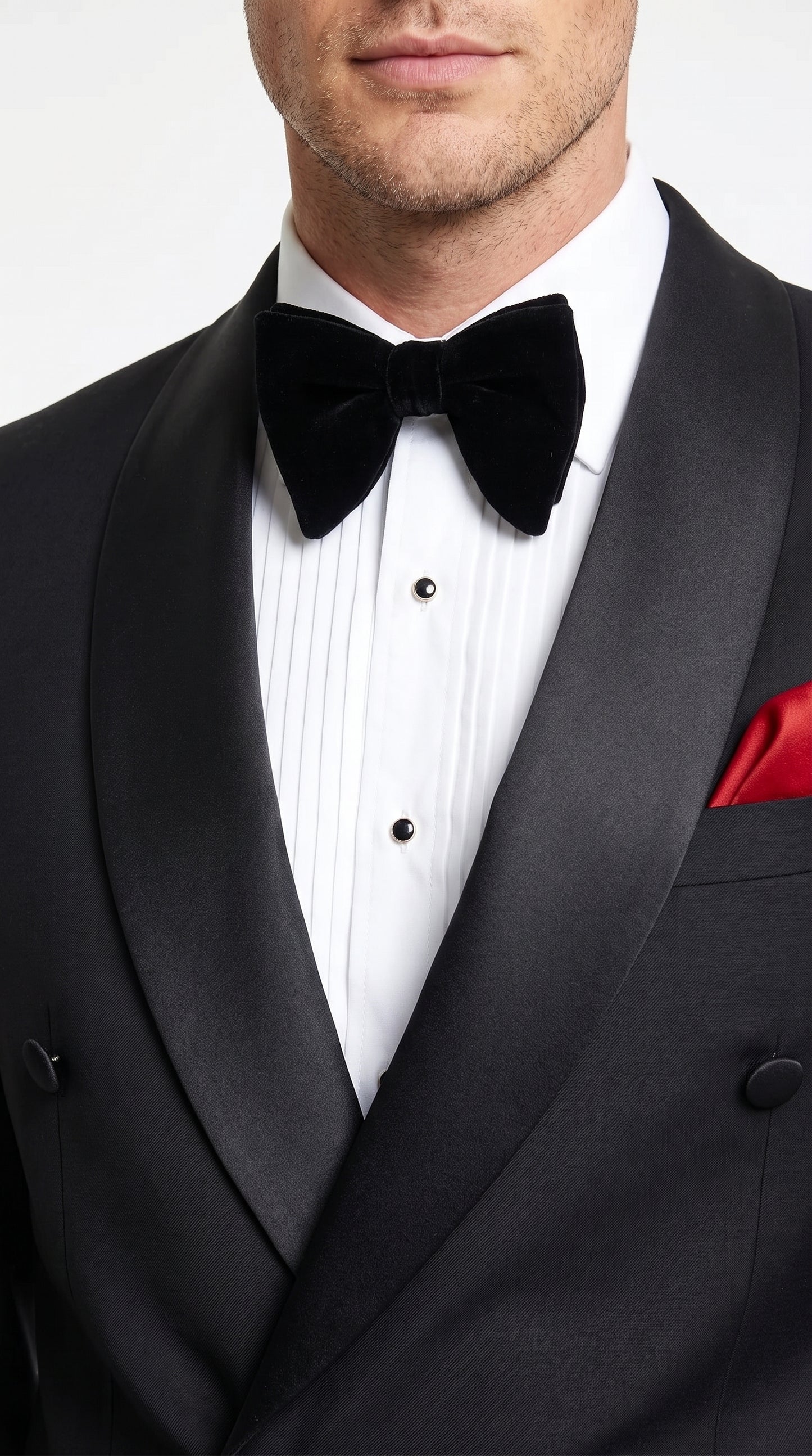 Men’s Black Double Breasted Evening Wear Suit with Satin Shawl Lapel and Red Pocket Square  Modern Fit