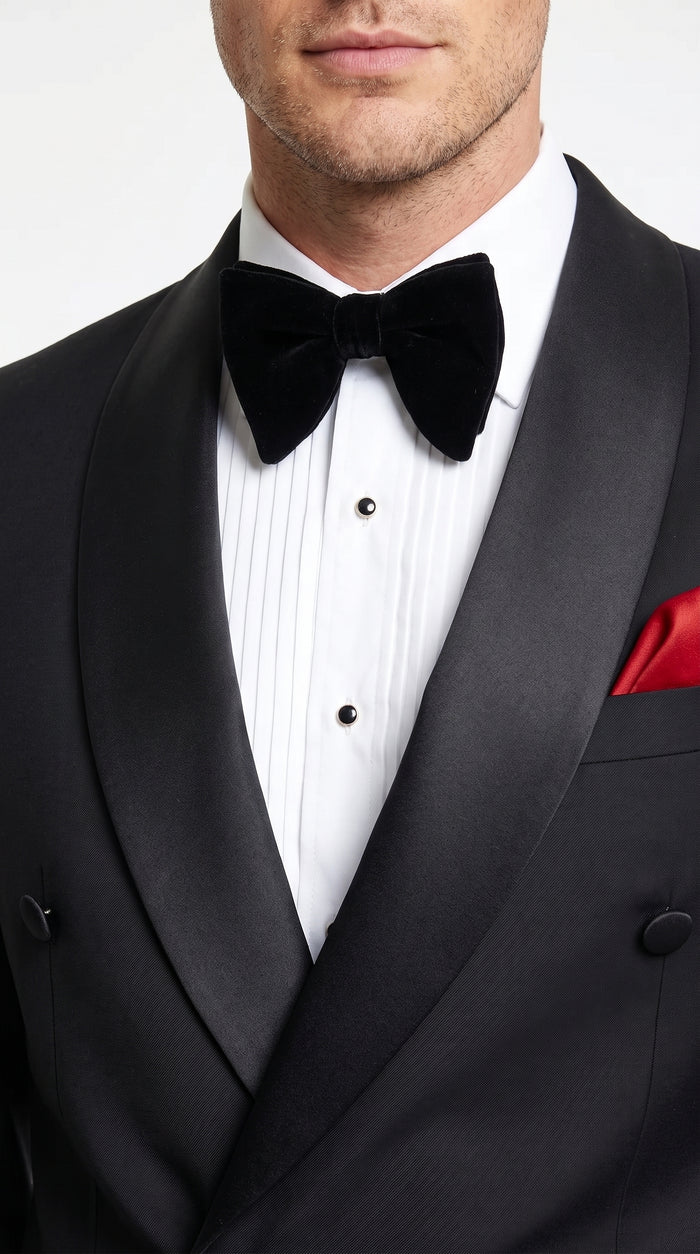 Men’s Black Double Breasted Evening Wear Suit with Satin Shawl Lapel and Red Pocket Square  Modern Fit