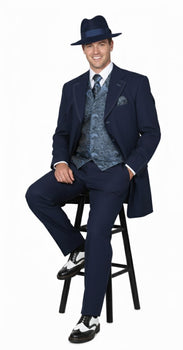 Mens 1920s Navy Blue Zoot Suit – Vintage Gangster 3-Piece Long Jacket Suit Classic Fit Pleated Pants - Image 3