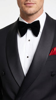 Men’s Black Double Breasted Evening Wear Suit with Satin Shawl Lapel and Red Pocket Square
