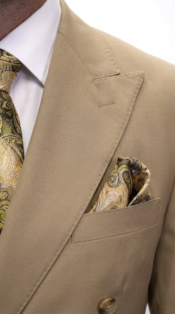 Men’s Statement Brand Caramel Khaki Double Breasted Wool Suit, Designer Formal Business Suit Set Wool Suit in Camel Color  Modern Fit