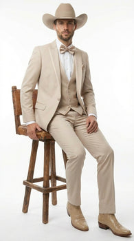 Mens Beige Tan Khaki CowboyTuxedo Suit – Western Formal Three Piece Suit with Jacket Vest and Pants