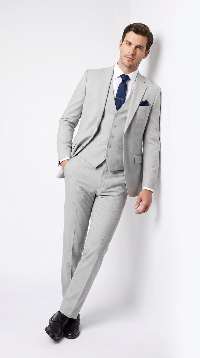 Men’s Silver & Navy Blue 3-Piece Suit – Wedding, Business and Formal Suit with Free Matching Tie  Modern Fit