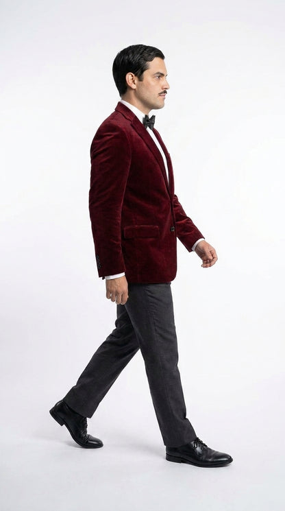 Men’s Gomez Addams Inspired Costume, Burgundy Velvet Blazer with Black Pants Formal Party Outfit Combo