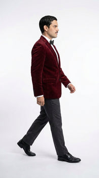 Men’s Gomez Addams Inspired Costume, Burgundy Velvet Blazer with Black Pants Formal Party Outfit Combo