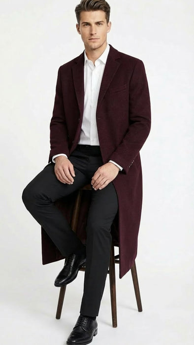 Men’s Burgundy Long Coat – Classic Fit Wool Blend Overcoat - Topcoat Full length