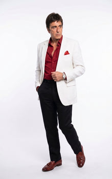 Tony Montana’s White Blazer Red Shirt Black Pants – Men’s White Blazer Outfit with Red Shirt and Black Trousers for Party, Wedding and Vintage Style Wear