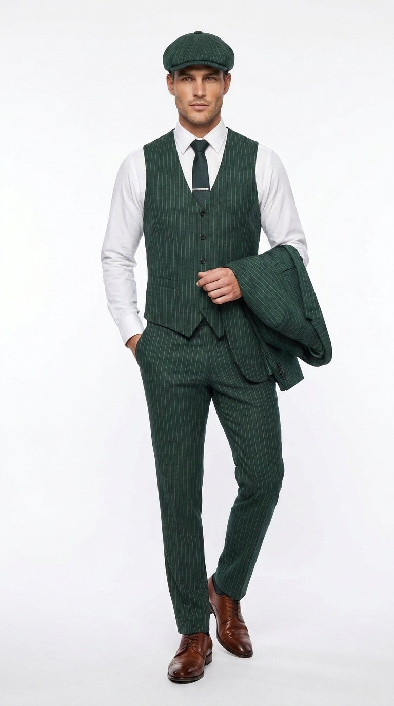 Men’s Hunter Green Pinstripe 3-Piece Suit – Vintage Wedding, Prom and Formal Suit with Matching Vest Modern Fit