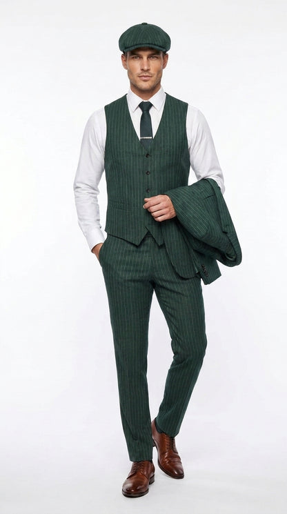 Men’s Hunter Green Pinstripe 3-Piece Suit – Vintage Wedding, Prom and Formal Suit with Matching Vest Modern Fit