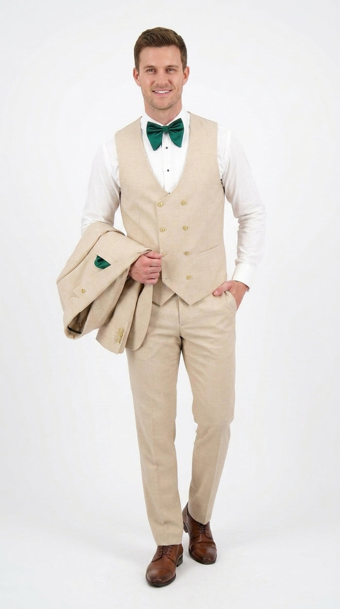 Men’s Khaki Tan 3-Piece Groomsmen Suit – Wedding Suit with Double-Breasted Vest and Pants Great Gatsby Style Gold buttons Modern Fit