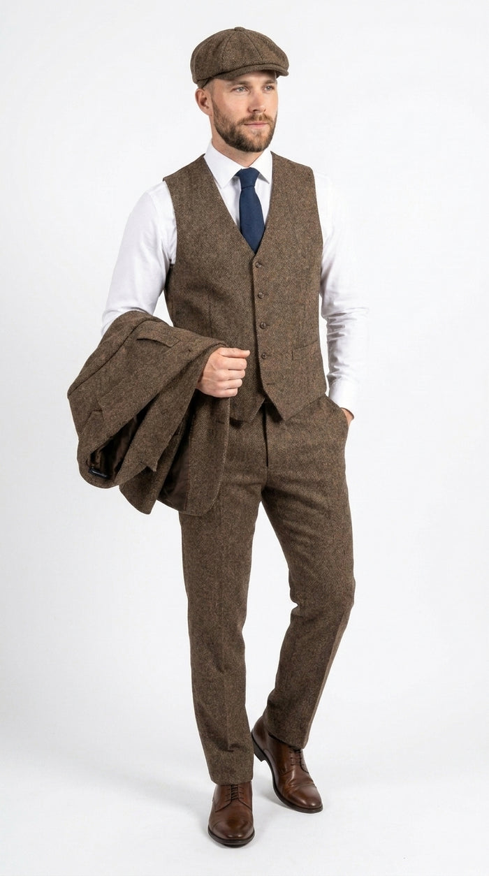 Peaky Blinder Men’s Brown Tweed 3-Piece Suit – Vintage Wedding, Business and Formal Suit  with Matching Vest and Pants Modern Fit